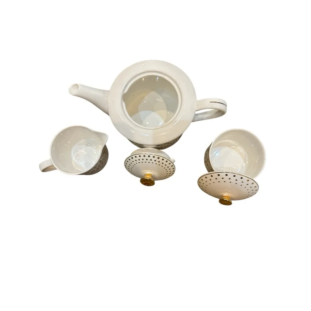 Grace's Teaware Teapot With Creamer & Sugar Bowl White‎ With Gold Polka Dots